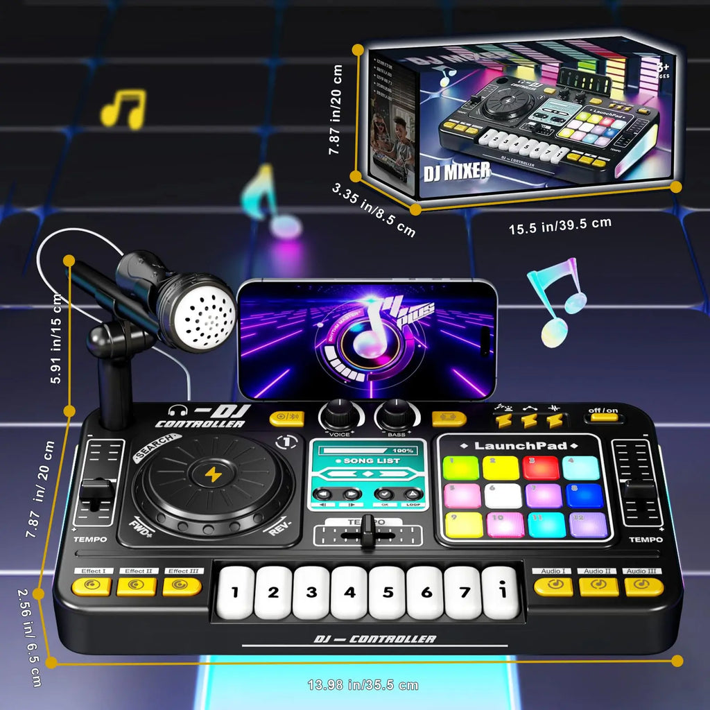 Kid DJ Mixer with Microphone Electronic Piano Keyboard Bluetooth DJ Turntable Controller Musical Instrument Kid Birthday Gift