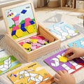 Magnetic Pattern Blocks Set, 75 Pcs Wooden Montessori Jigsaw Puzzles for Kids Ages 3-8, Geometric Shape Tangram with 60 Patterns & Storage Box, Travel STEM Toy Fridge Magnets Gift