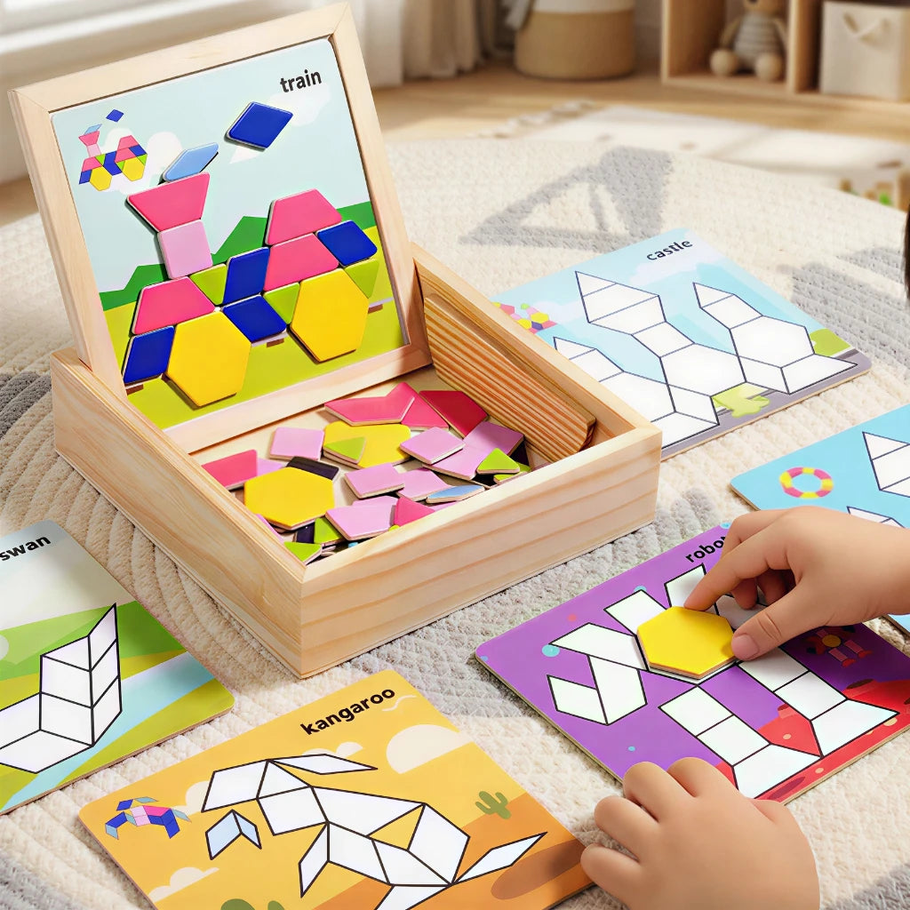 Magnetic Pattern Blocks Set, 75 Pcs Wooden Montessori Jigsaw Puzzles for Kids Ages 3-8, Geometric Shape Tangram with 60 Patterns & Storage Box, Travel STEM Toy Fridge Magnets Gift