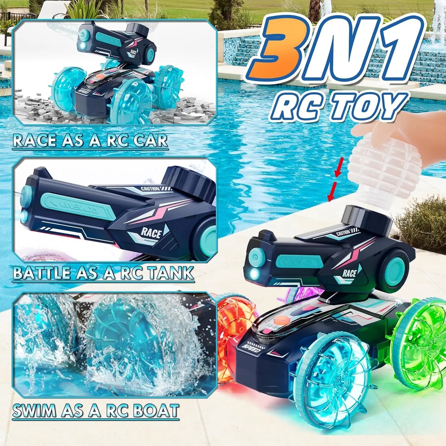 Amphibious Remote Control Car with Water Gun, 4WD RC Truck and Boat for Kids Age 6-12, Waterproof Pool Toy