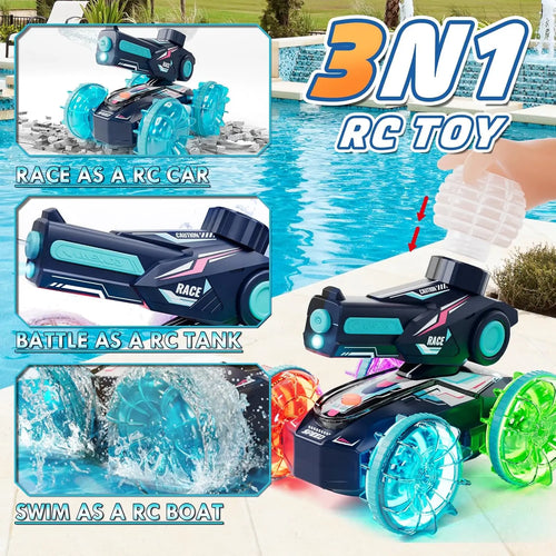 Amphibious Remote Control Car with Water Gun, 4WD RC Truck and Boat for Kids Age 6-12, Waterproof Pool Toy