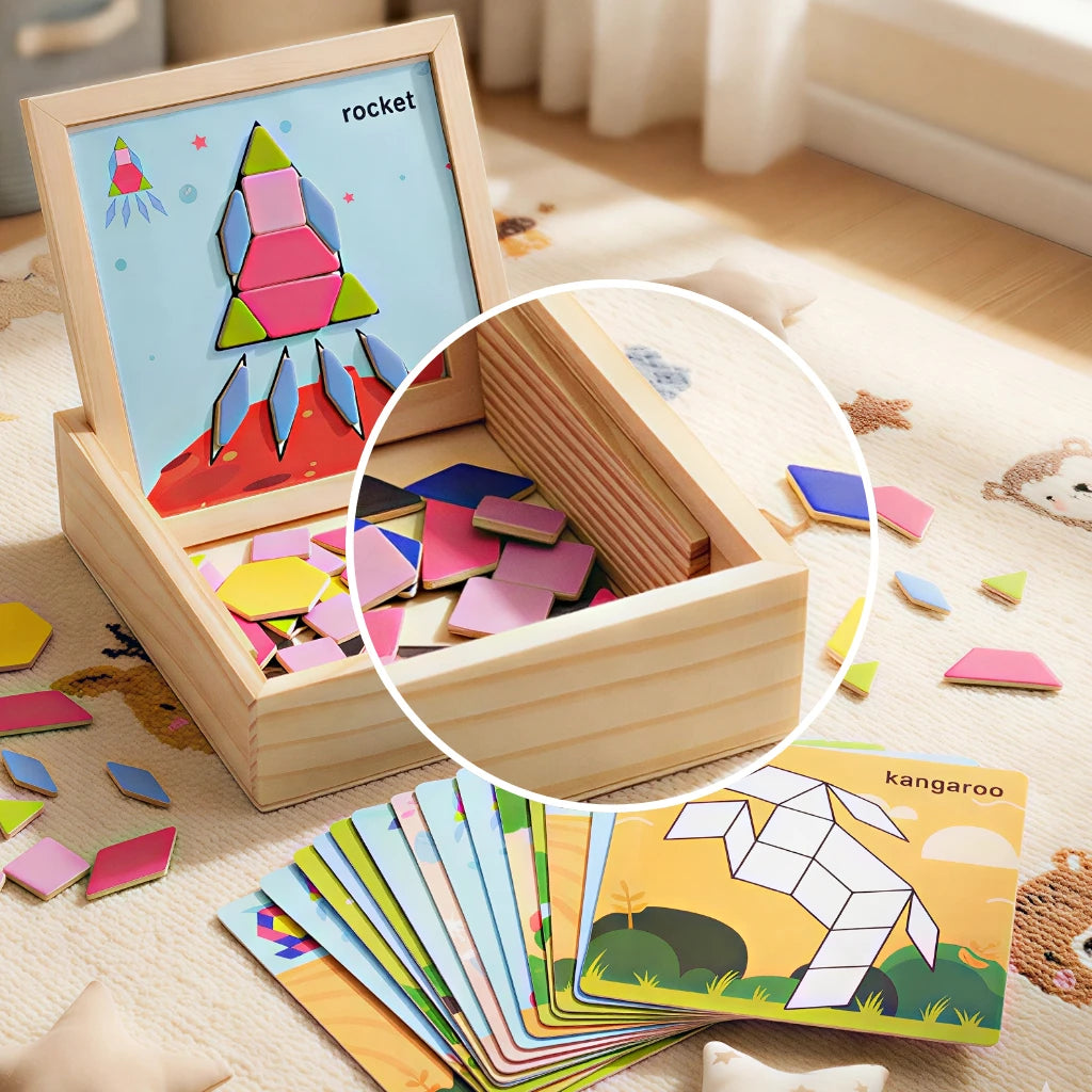 Magnetic Pattern Blocks Set, 75 Pcs Wooden Montessori Jigsaw Puzzles for Kids Ages 3-8, Geometric Shape Tangram with 60 Patterns & Storage Box, Travel STEM Toy Fridge Magnets Gift